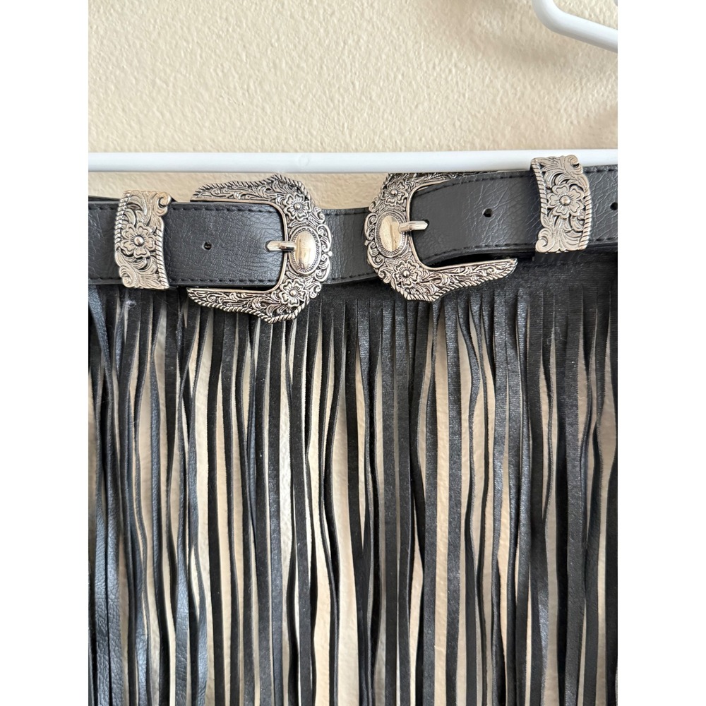 Western‎ Black Faux Leather Fringe Belt Skirt Double Buckle Festival Cowgirl - Picture 2 of 8